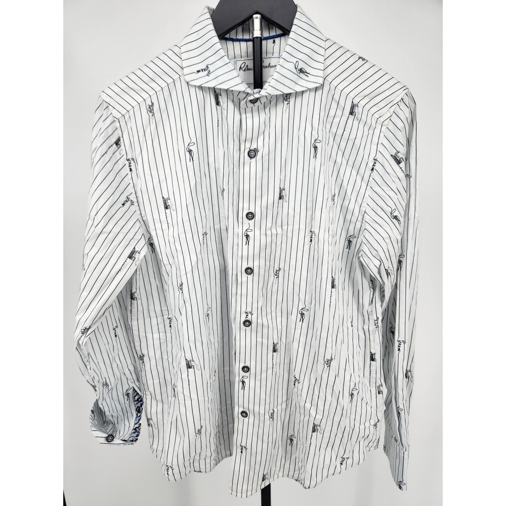 Robert Graham Mens White Striped Cowboy Train Print Button Down Shirt L/S